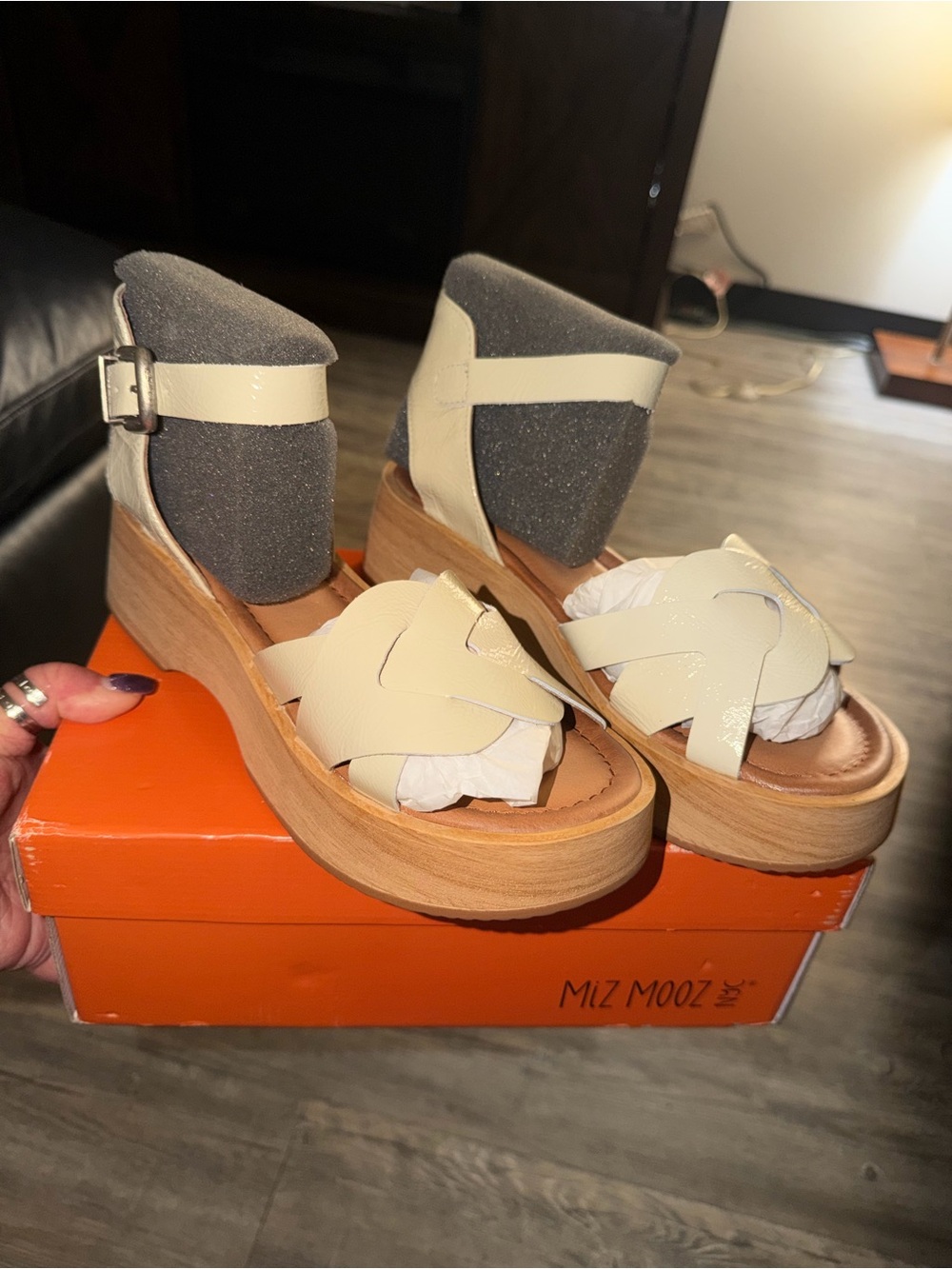 Miz Mooz Cream Leather Wedge Sandals with Ankle Strap